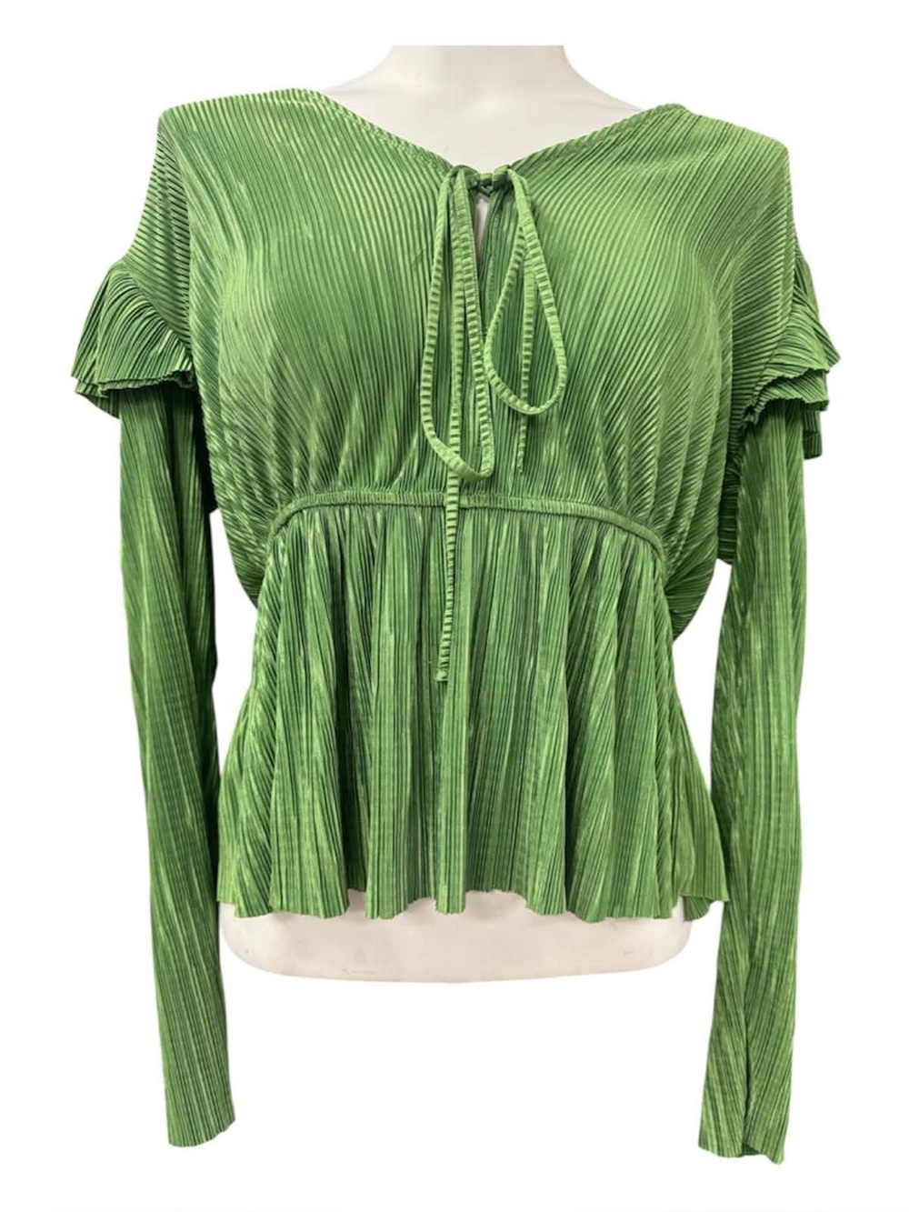 Zara Green Pleated Tie-Front Peplum Blouse Size M